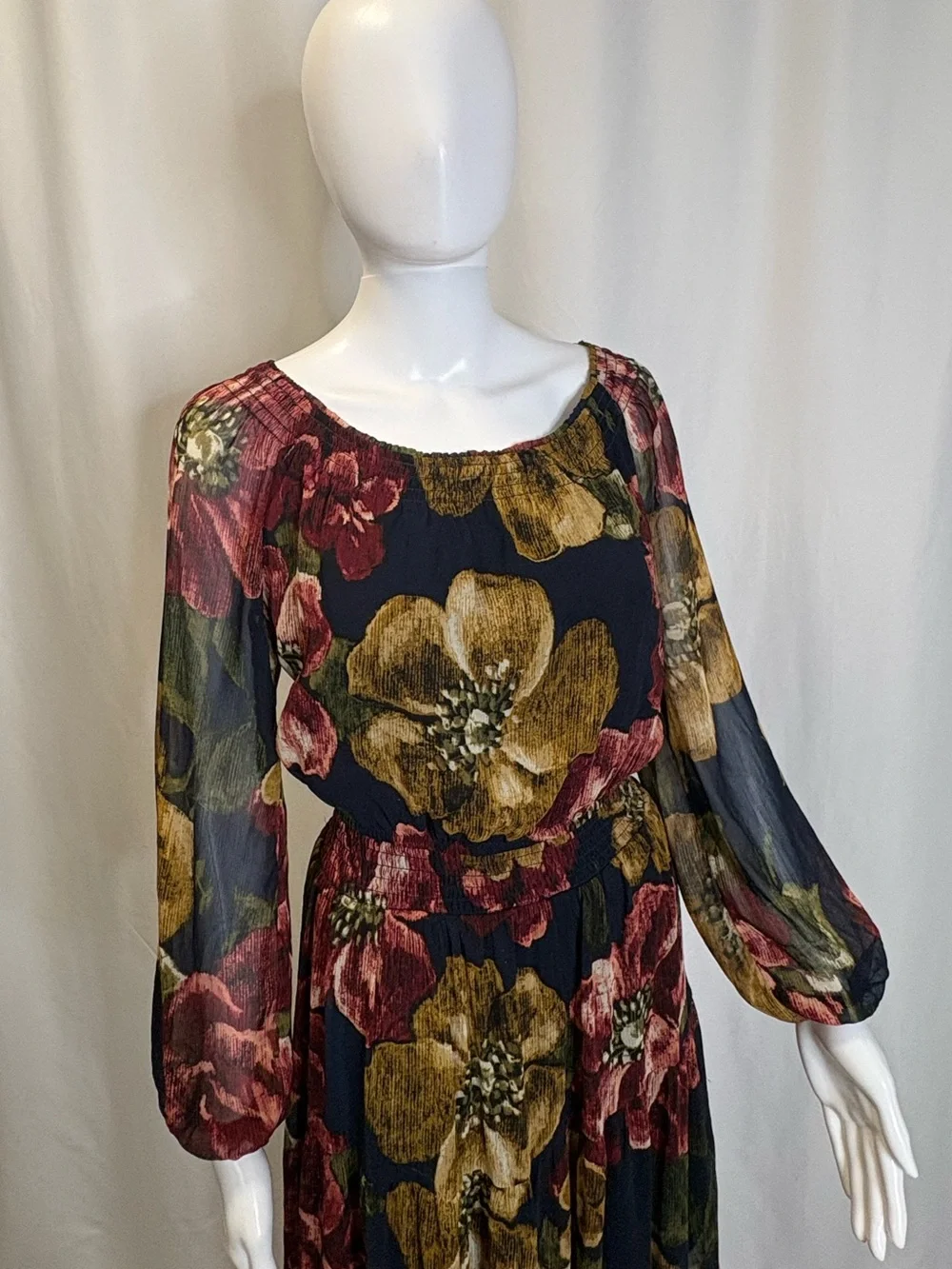 Abercrombie & Fitch Sheer Floral Smocked Neck Long Sleeve Maxi Dress Size XS